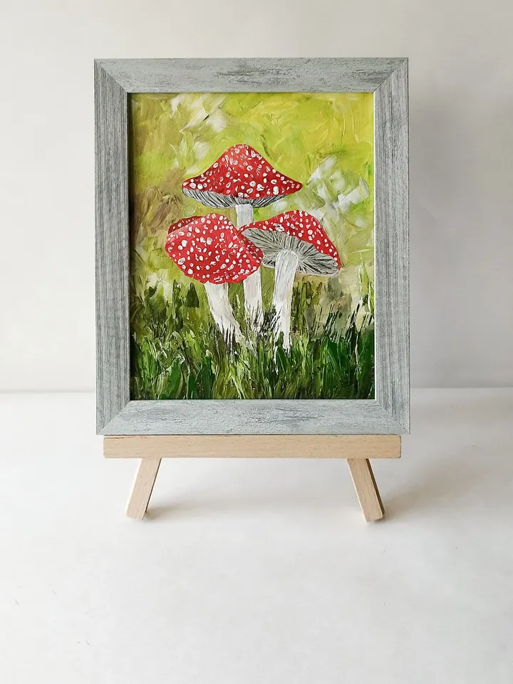 Mushroom paintings, Realistic mushroom painting, 3 mushrooms, Impasto paintings for sale