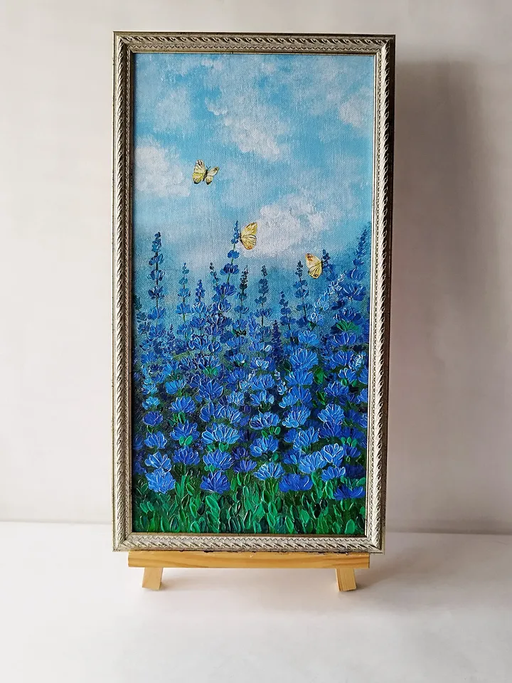 Flower painting blue, Painting of wildflowers, 3d landscape painting, Textured wall art, Vertical landscape painting