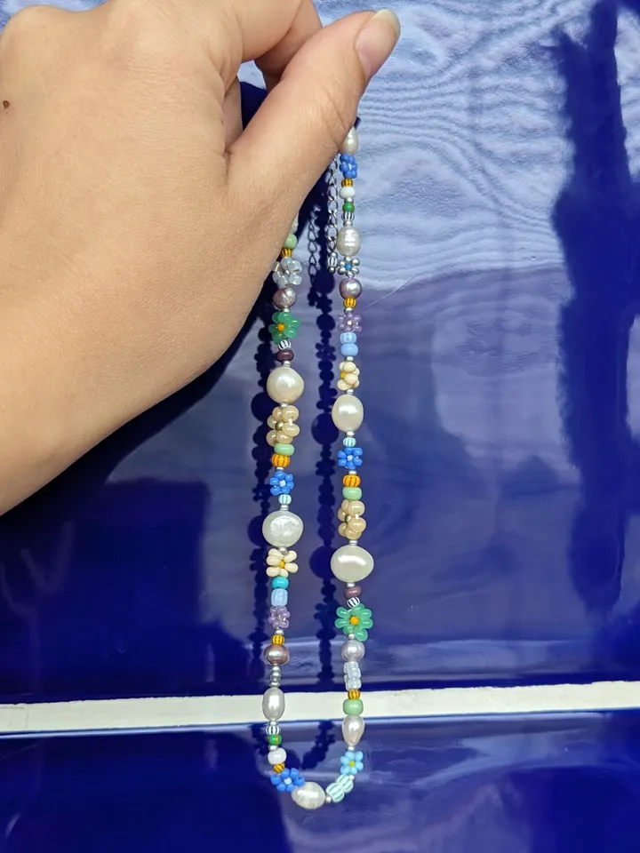 Pearl bead necklace for women, colorful handmade jewelry in bohemian style