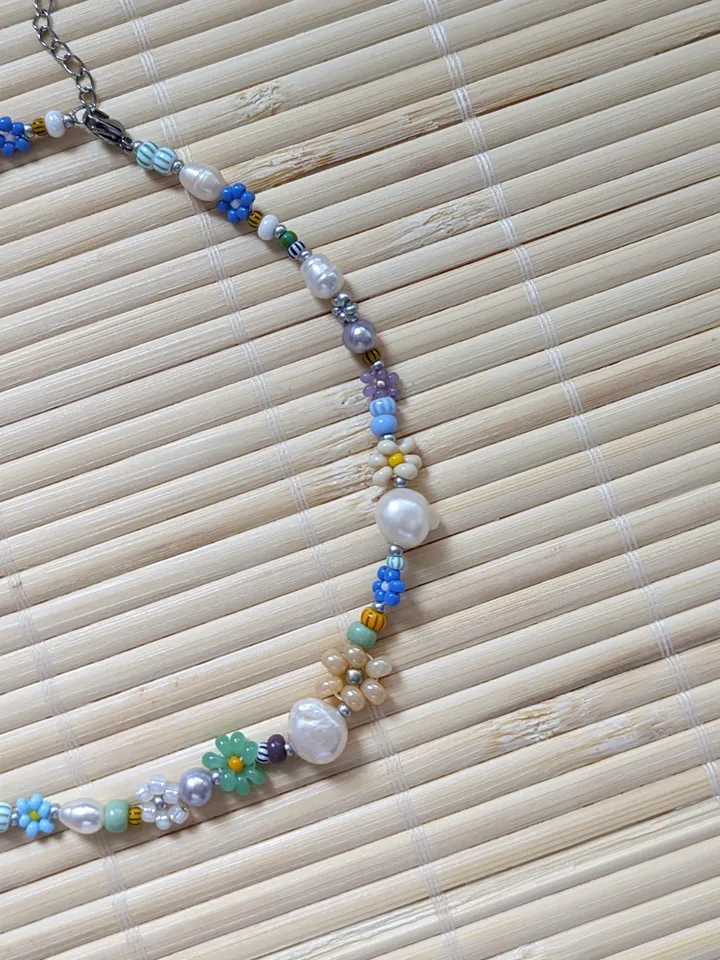 Pearl bead necklace for women, colorful handmade jewelry in bohemian style