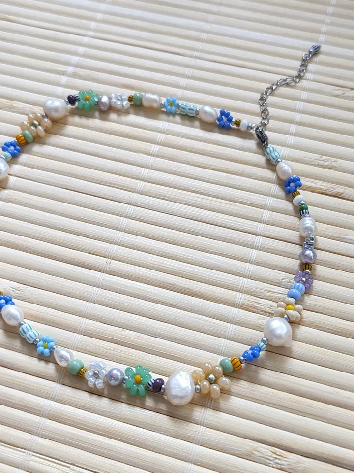 Pearl bead necklace for women, colorful handmade jewelry in bohemian style