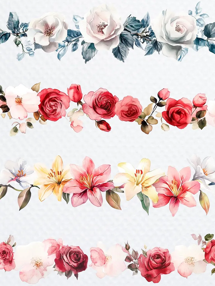 26 Flower Border MIX Bundle, Watercolor Floral Border PNG Digital Clipart for sublimation, Digital download, Digital Paper craft Card making