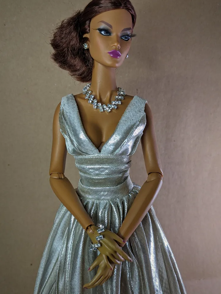 Silver pleated evening dress for 16 inch fashion doll