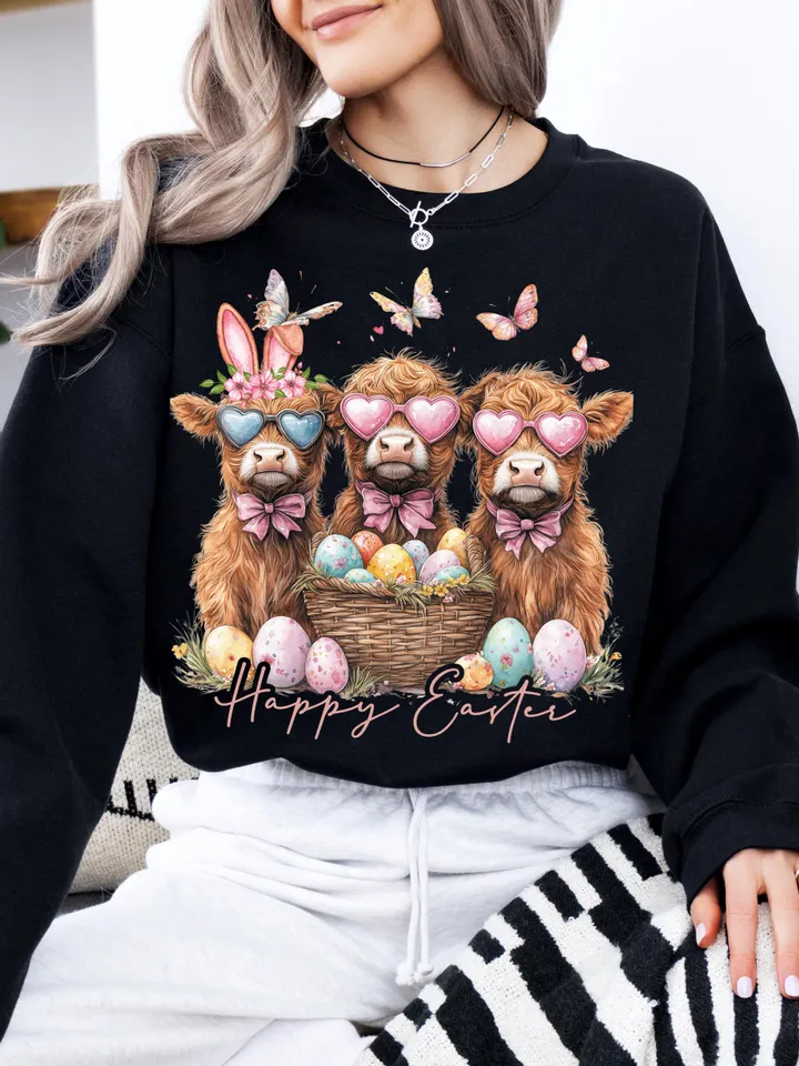 Easter Day Highland Cow PNG, Cute Cow Easter Png, Retro Easter Png, Happy Easter Sublimation Design, Digital Download