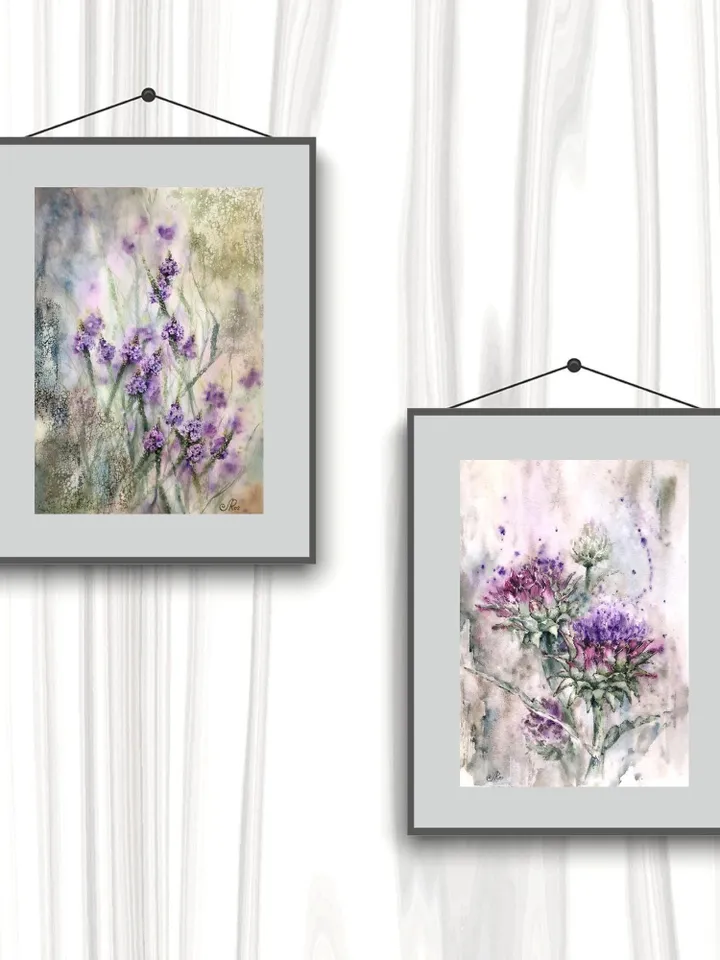 Flowers Watercolor Painting Floral Set of 2 Prints Wildflowers Wall art  Flowers Prints Artichoke Art