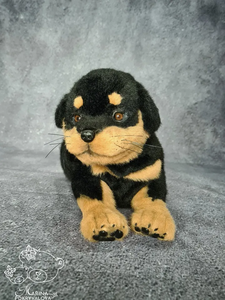 Rottweiler. Realistic dog. Lifelike toy dog. Stuffed dog.