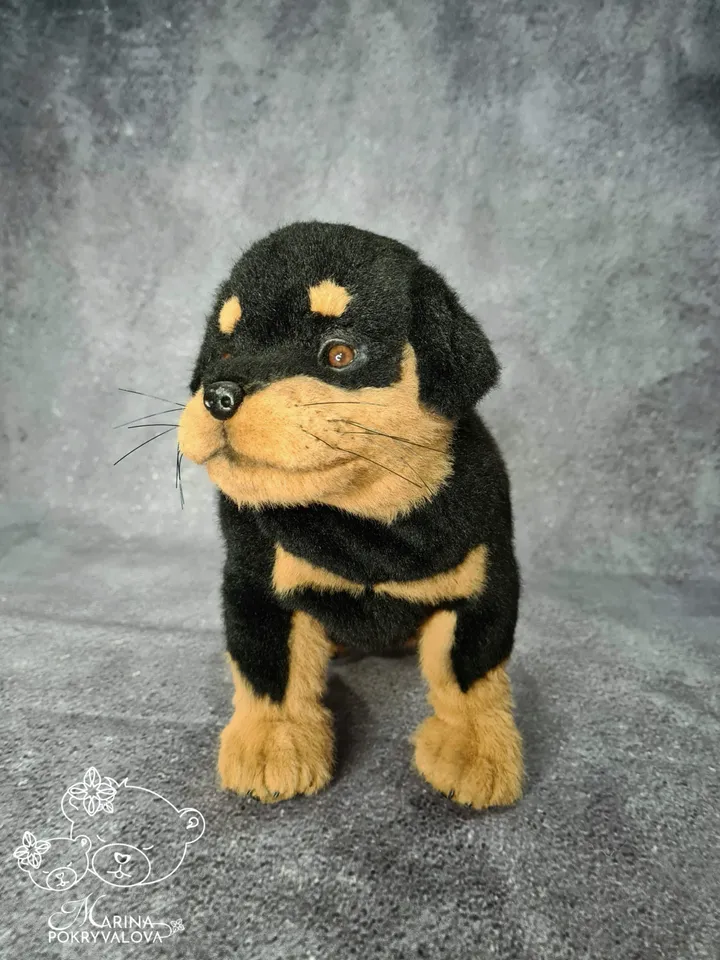 Rottweiler. Realistic dog. Lifelike toy dog. Stuffed dog.