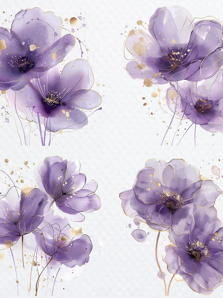 10 Abstract Flowers PNG Bundle, Purple Flowers Printable Watercolor clipart for sublimation, Digital download, Paper craft, junk journals
