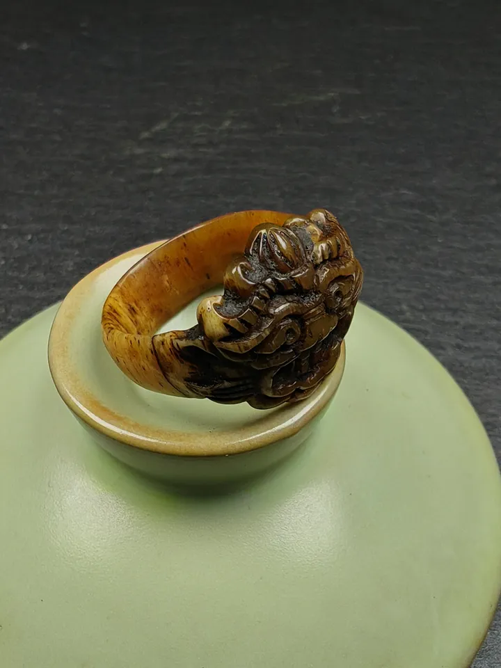 ONLY ONE - Gandhanra Hand Carved Tibetan Yak Bone Ring, Snow Lion Pattern,US Size 7.5,Inner Diameter 17.75mm