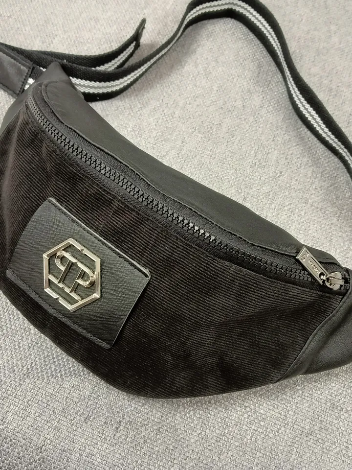 Handmade sling bag made of corduroy and genuine leather, belt bag for small items ,.