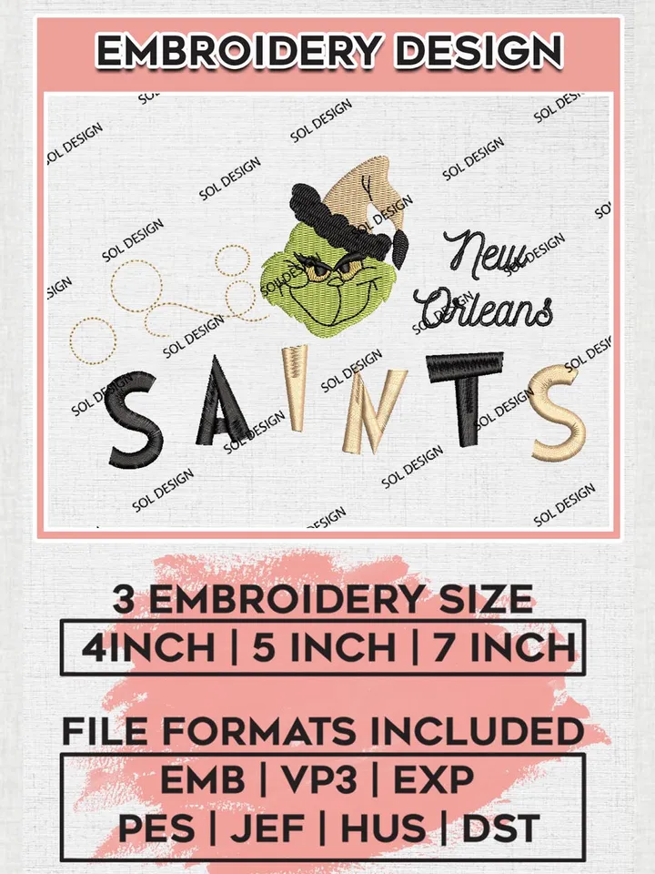 Christmas Grinch New Orleans Saints Embroidery Designs, Grinch Embroidery Files, NFL Saints Machine Embroidery Designs, NFL New Orleans Saints Logo, NFL Christmas Machine Embroidery Design, Digital Download