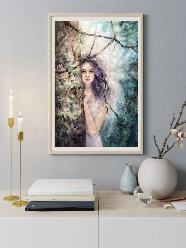 Woman in the Forest Painting Original Girl Watercolor Painting Forest Fairy