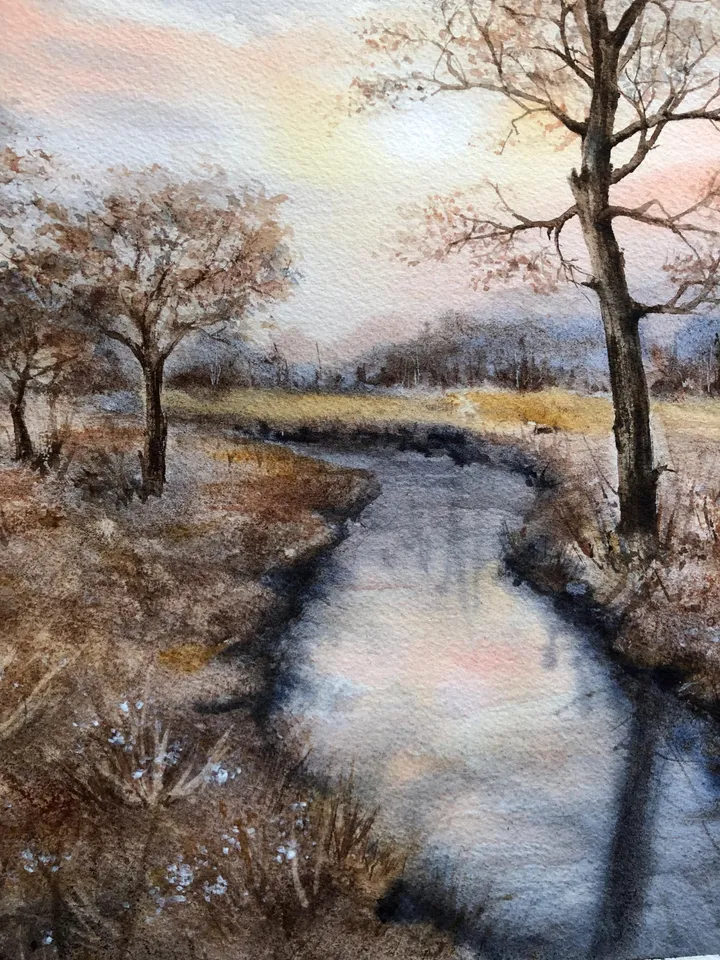 Original Landscape River Watercolor Painting Autumn Wall Art