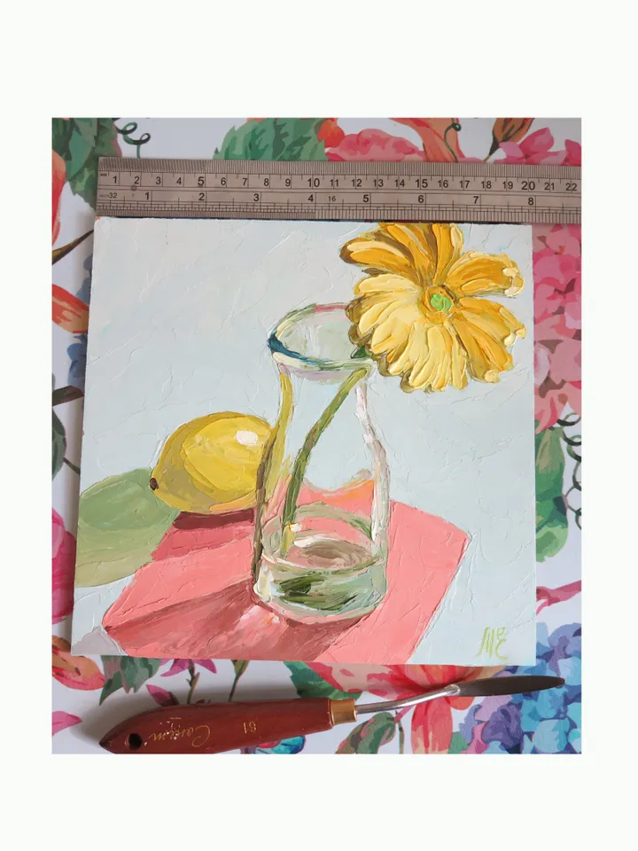 Original Small Oil Painting Still Life Yellow Flower and Lemon Artwork Lemon and Yellow Blossom Decor