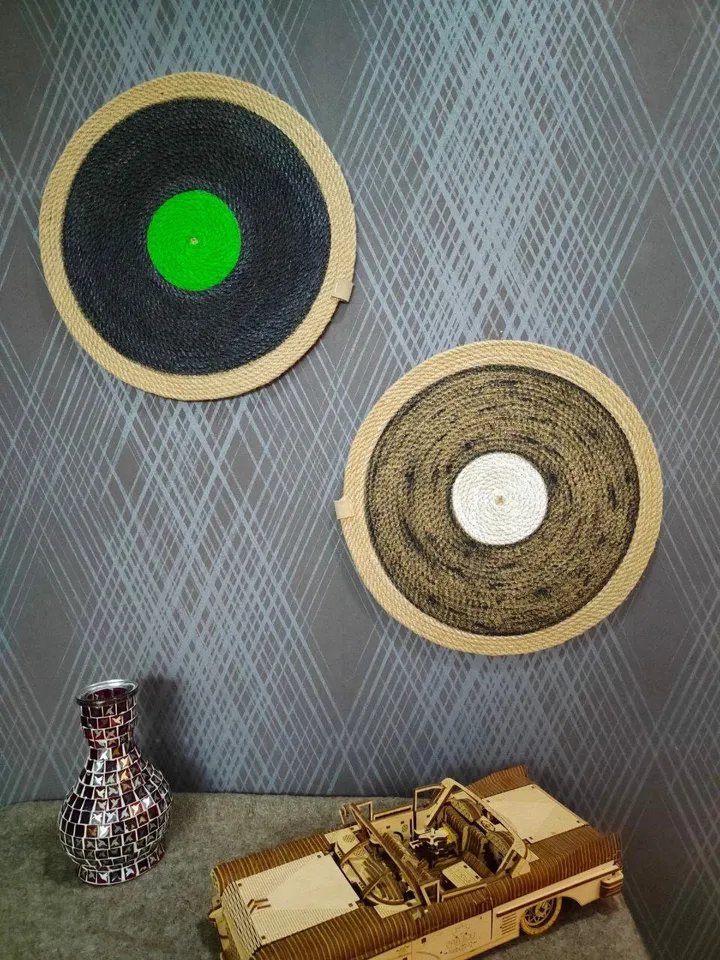 Round Jute Mat,Vinyl Record Shape,mug rug,Textile Wall Hanging,Cutlery Coaster Retro,placemat,Eco Mat,jute rope placemat,groovy party decor
