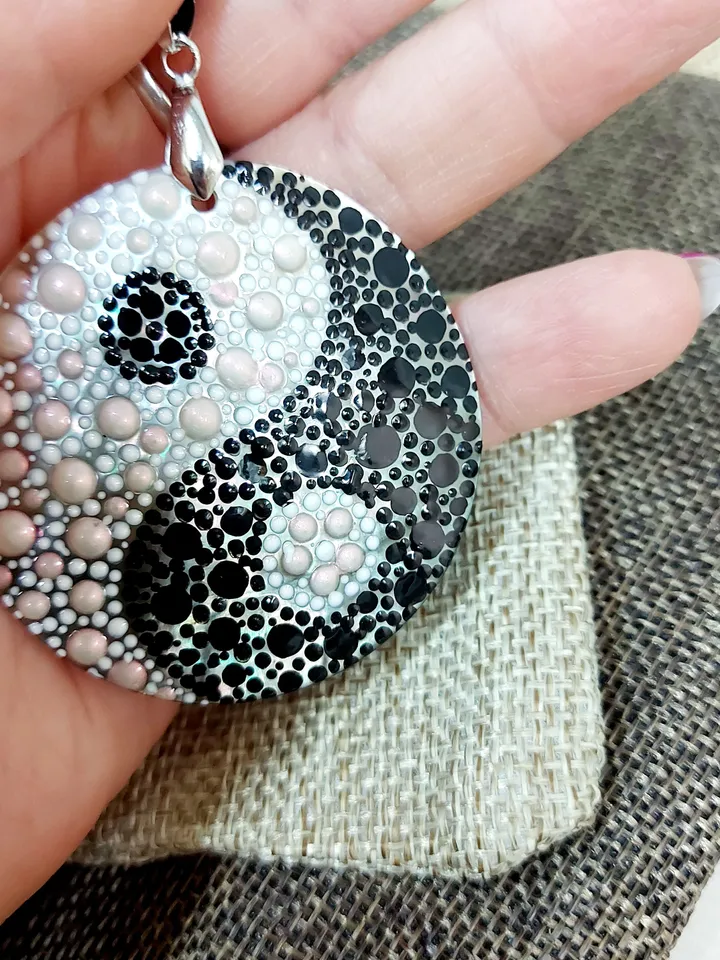 Illuminating Equilibrium: Hand-Painted Dotwork Yin Yang Pendant on Iridescent Mother-of-Pearl - Nacre Symbol of Ethereal Balance and Unity