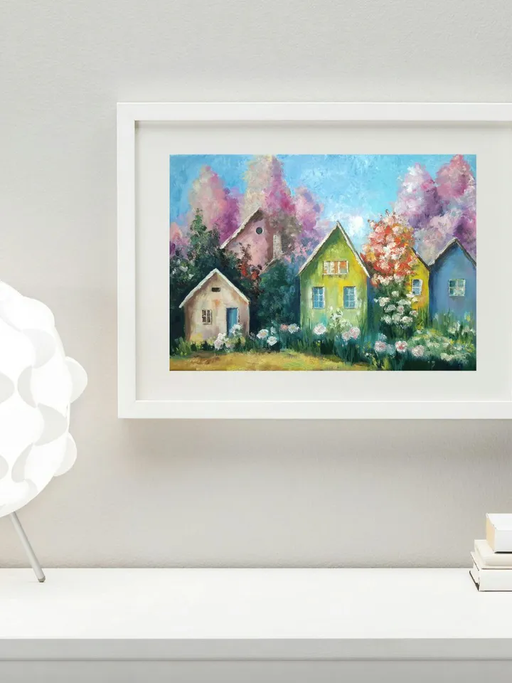 Colorful fairy-tale houses Original Oil Painting.