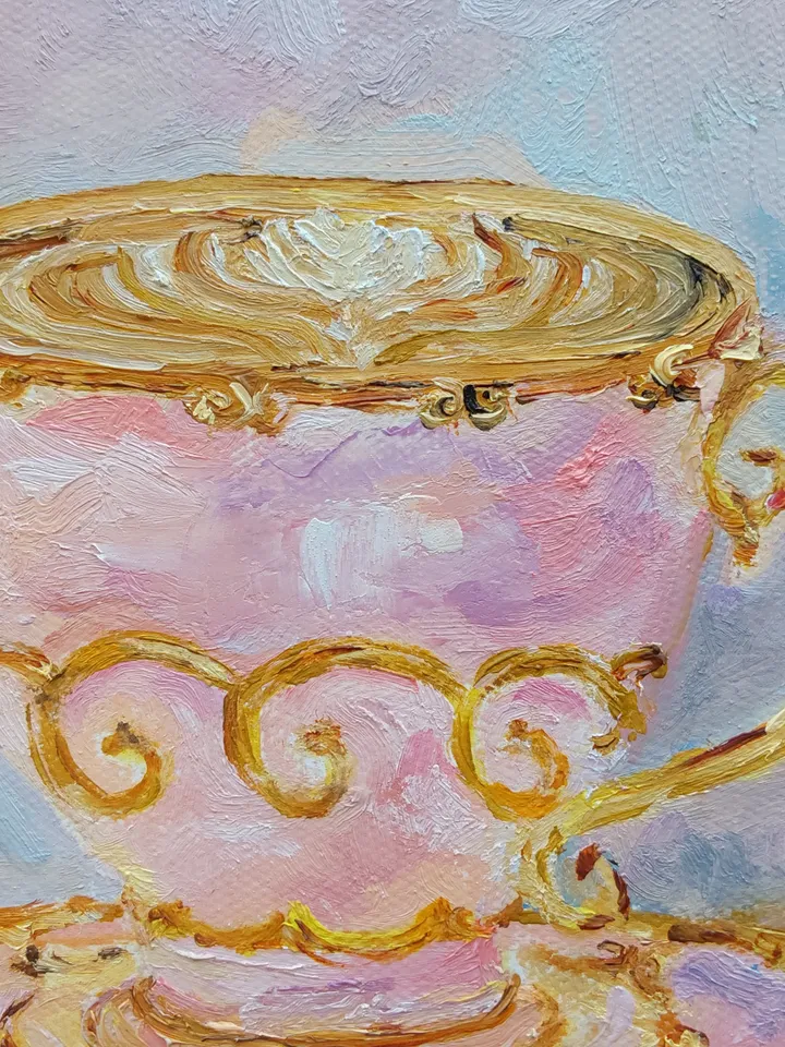 Oil painting "Still life. Cup of coffee with macarons" 20x20cm (8х8inc).