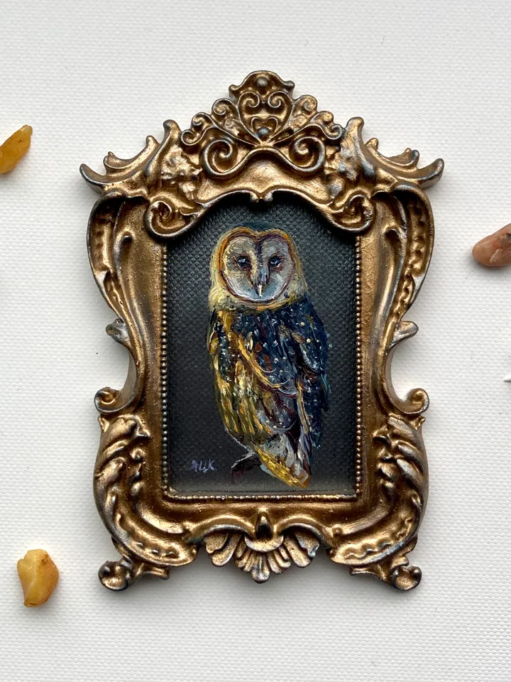 Owl Oil Painting Original In Vintage Style Frame Small Framed Bird Art Barn Owl