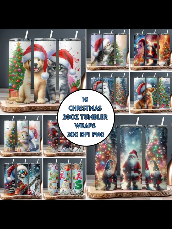 10 Christmas 20 Oz Tumbler Wrap png Bundle, Christmas Sublimation Designs for Tumblers, Santa with Sleigh, Christmas Gnomes with Santa Cat