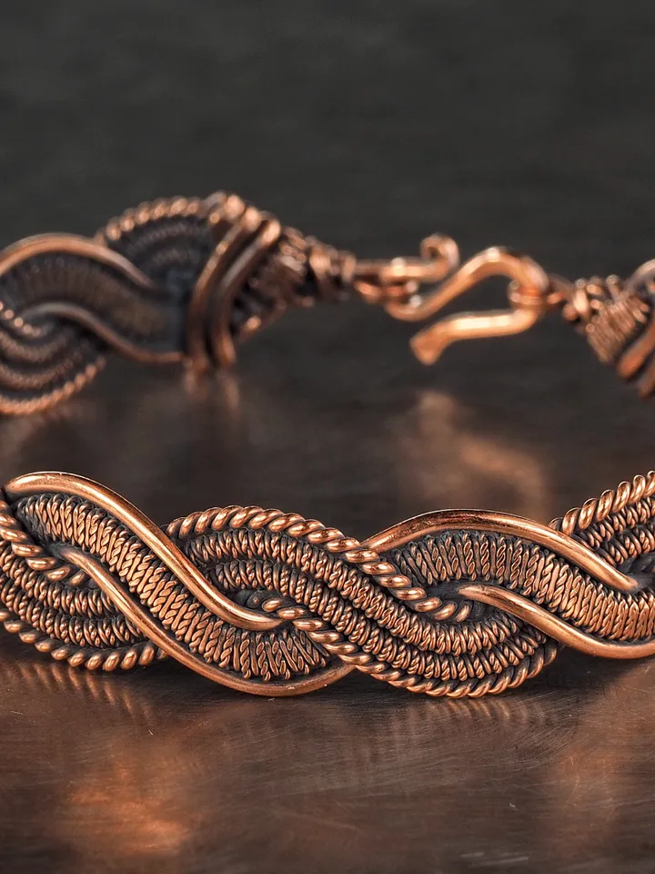 Unique copper wire wrapped bracelet for him or her 7th 22nd Wedding Anniversary gift idea Unique pure copper wire wrapped jewelry Antique style Handmade statement artisan jewellery Healing copper therapy bracelet bangle arthritis pain relief Wearable art