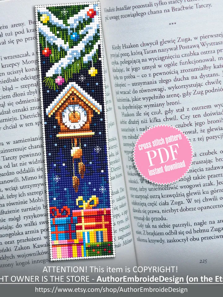 Christmas bookmark cross stitch pattern PDF Handmade bookmark Cuckoo clock xstitch chart Winter holiday cross stitch gift New Year #B42