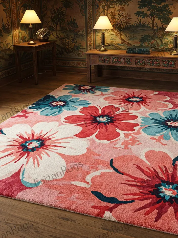 10x14 floral rug, Handmade floral area rug, Elegant pink & red bloom, home décor, floral rug, 8x10 area rug, pink rug, red rug, bedroom rug