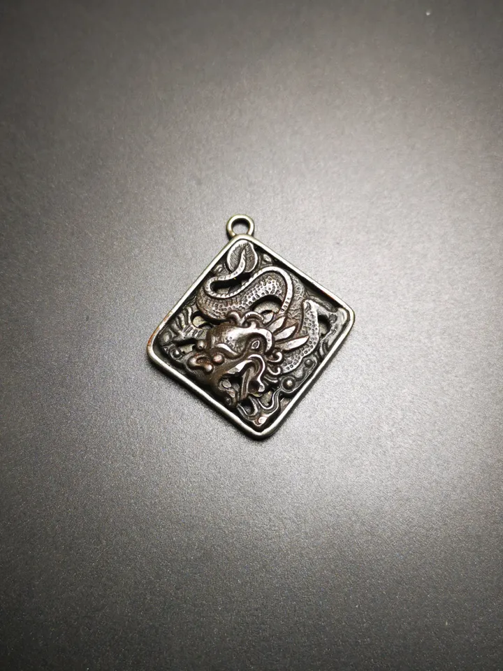 Gandhanra Antique Tibetan Buddhist Amulet,Dragon -the Four Dignities(Garuda,Tiger,Dragon,Lion),Protective Pendant,Inlaid with Sliver