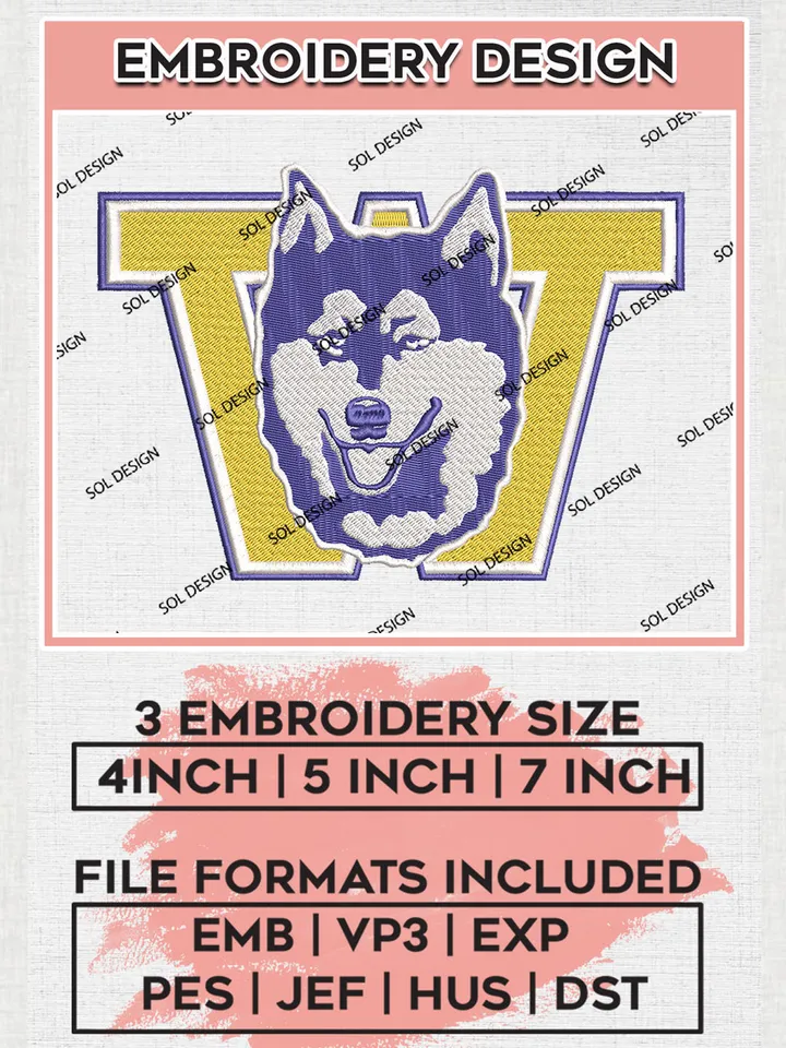 Washington Huskies College Football Team Logo Embroidery Design Files, NCAA Washington Huskies Machine Embroidery, NCAA Teams, 3 sizes, NCAA Machine embroidery designs, Digital Download
