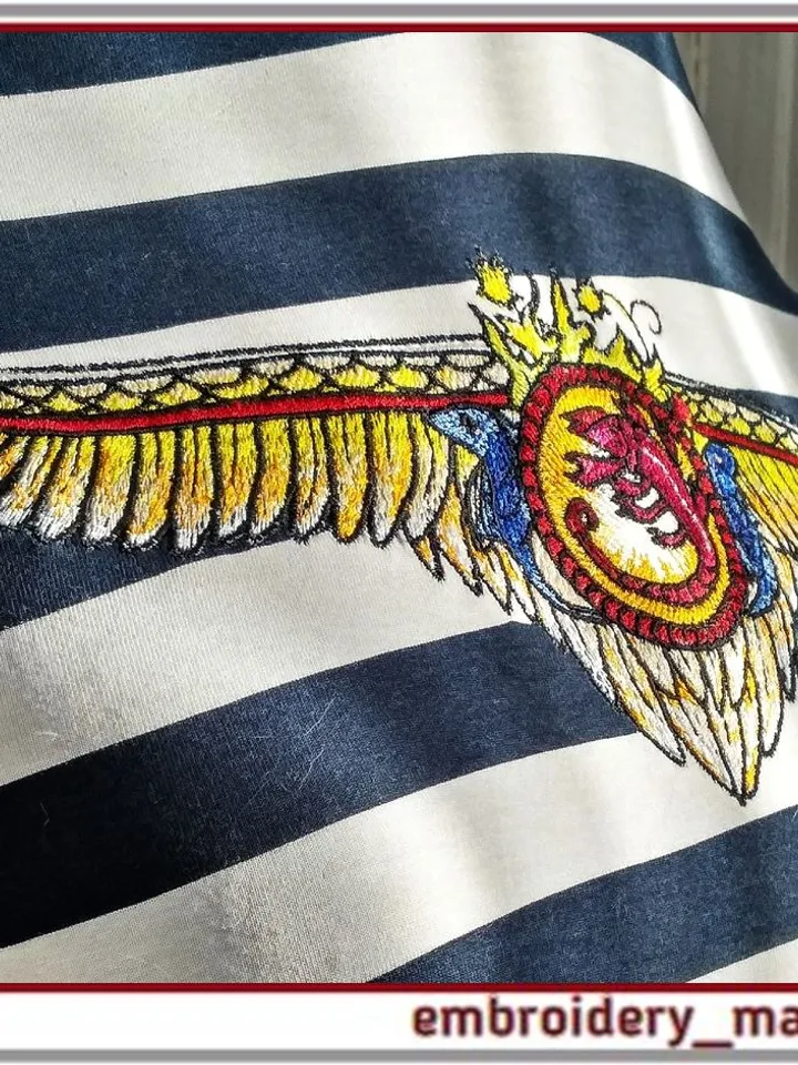 Embroidery design wings, sun, marine life and sea animals