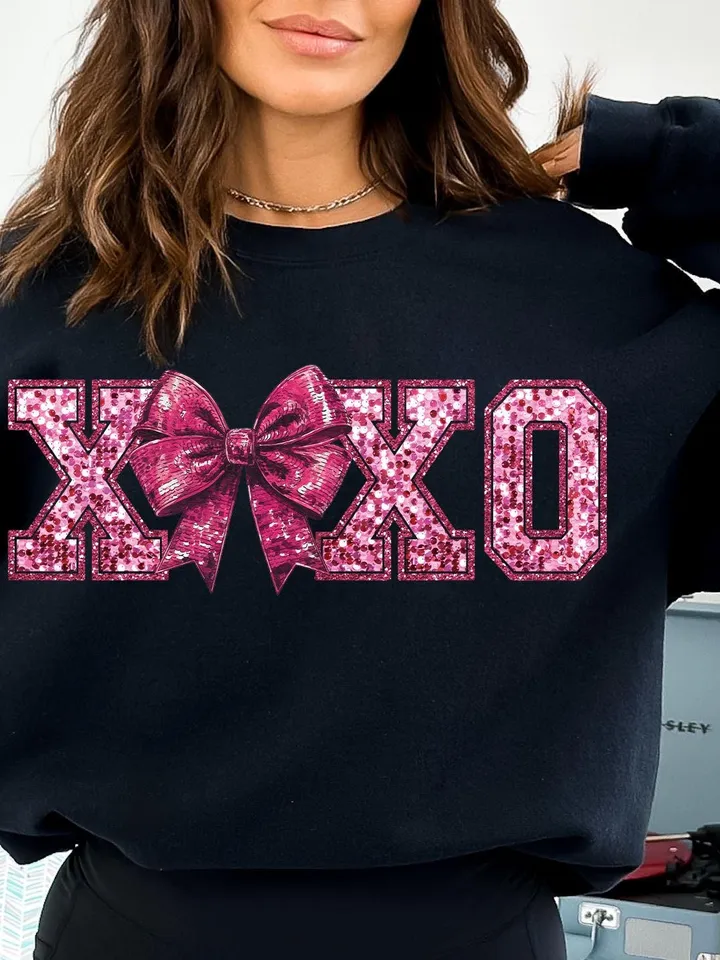 Coquette Bow XOXO Faux Sequin PNG Disco Ball Valentine, Valentines Day Png, love png, Retro Valentines Png, Coquette Trendy Valentines Png