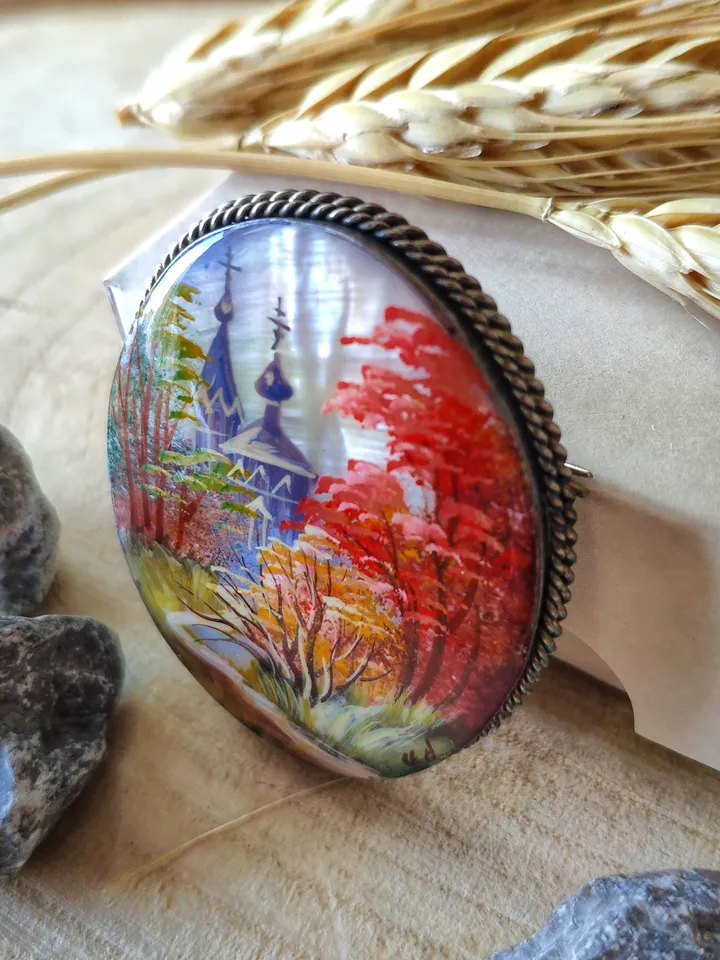 Brooches for women: Village Church in fall season Forest painted on aesthetic brooch • Dainty handmade jewelry • gorgeous pin for dress