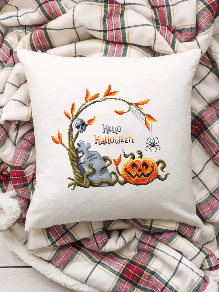 Hello Halloween cross stitch pattern download PDF Pumpkin cross stitch chart, Spooky Halloween pattern digital PDF Fall beginner stitch #H48