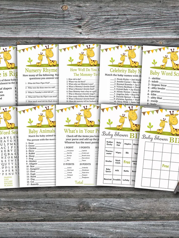 Giraffe baby shower games bundle,Safari theme Baby Shower games package,Fun Baby Shower Games,9 Printable Games-282