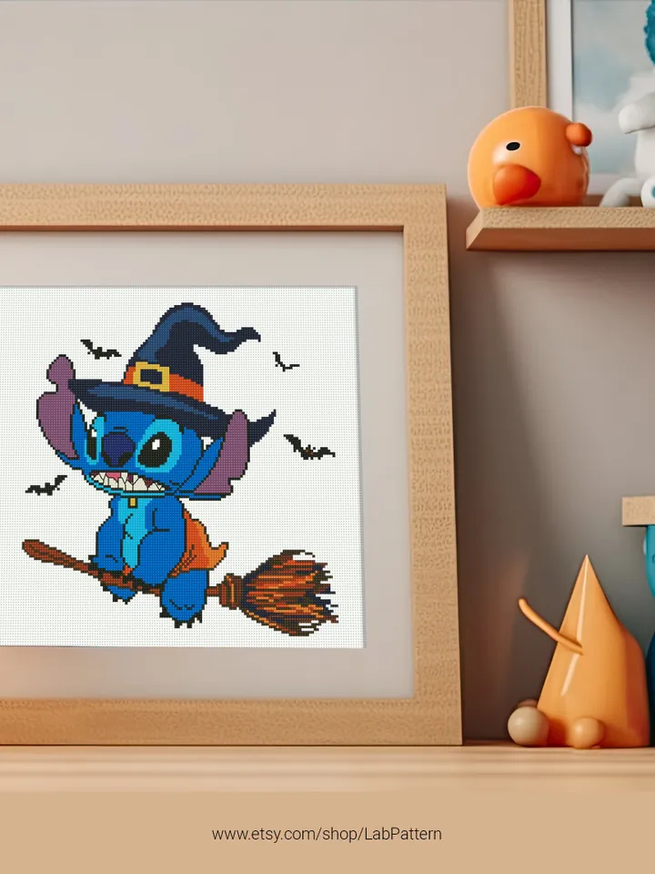 Lilo and Stitch Witch cross stitch pattern Halloween Hawaii nursery decor beginner counted modern chart gift DIY embroidery instant PDF