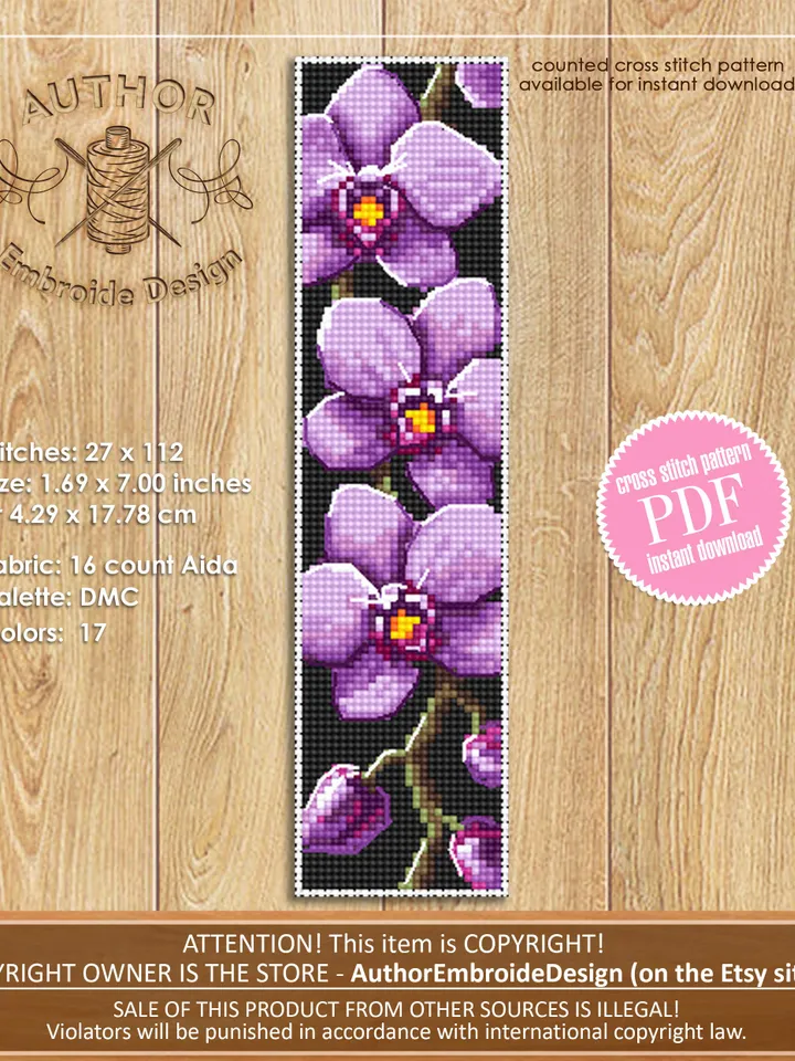 Flower bookmark orchid cross stitch pattern download PDF Modern handmade bookmark digital PDF Purple orchid gifts Bookmarks for women #B61