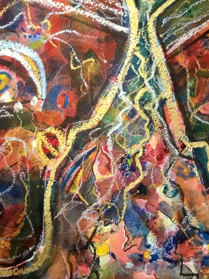 Original Abstract fantasy faces, watercolour mix media one of a kind painting on watercolour 400 g paper,home decoration or gift.