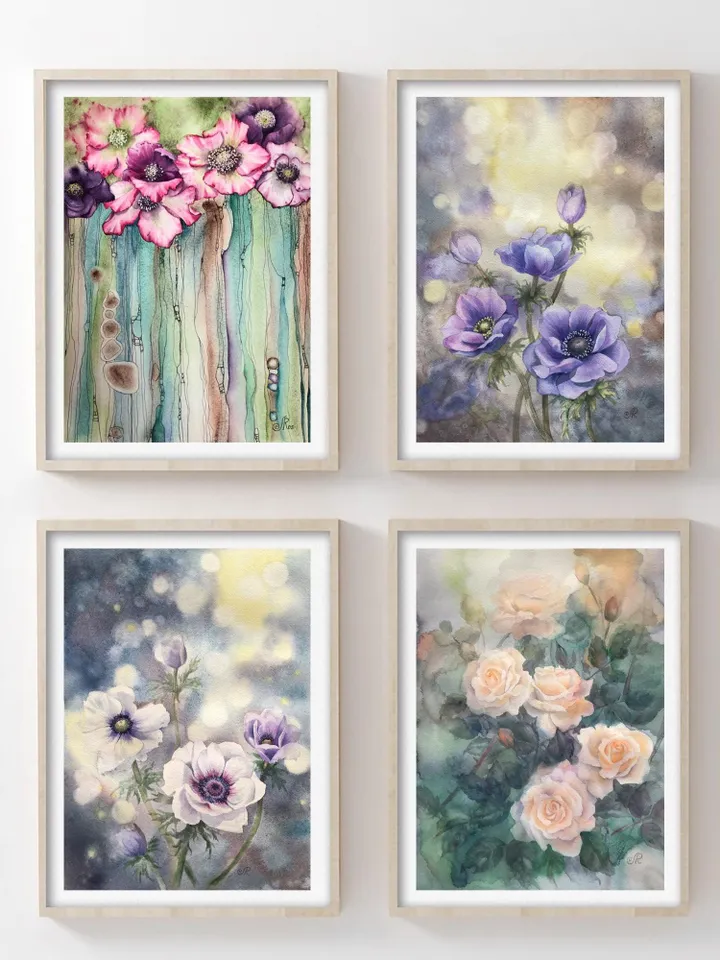 Flowers Watercolor Prints Set of 4 Floral Ptints Wildflowers Painting