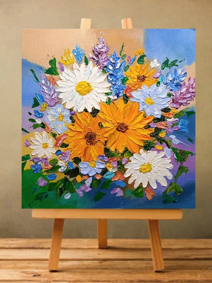 Oil Painting Bright Flowers Chamomile Sunflowers Impasto Art Miniature 6 x 6 in