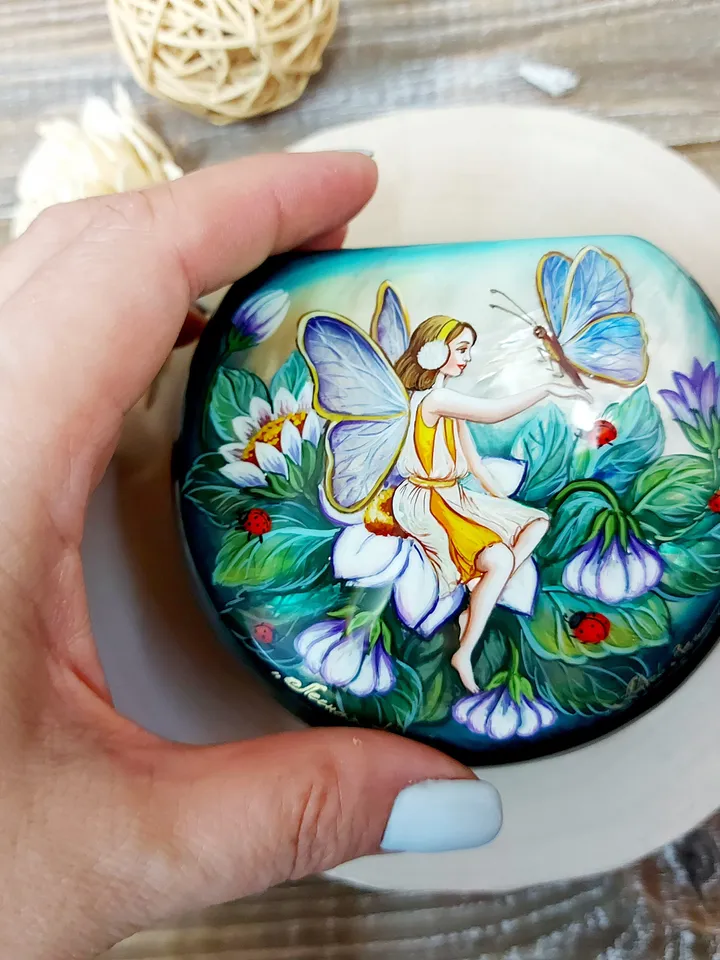 Beautiful Russian Lacquer Box "Forest Fairy" Hand painted miniature painting jewelry box Mother of pearl Papier mache Art gift Fedoskino