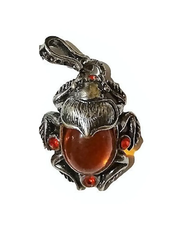 Scarab Beetle Silver and Baltic Amber Jewelry Amulet Pendant Necklace Gift for Women Men Handmade Insect Jewelry Vintage