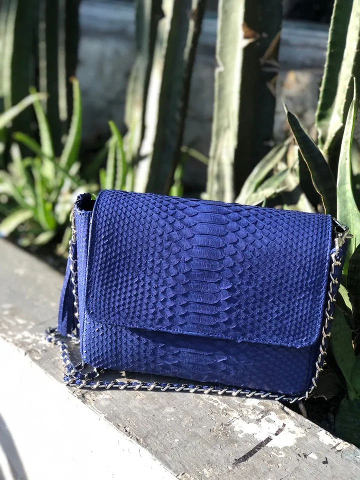 Genuine Python Skin Blue Crossbody Bag | Elegant Classy Leather Snake Python Bag Dark Blue | Women Bags | Chain Bag Indonesian Python Skin