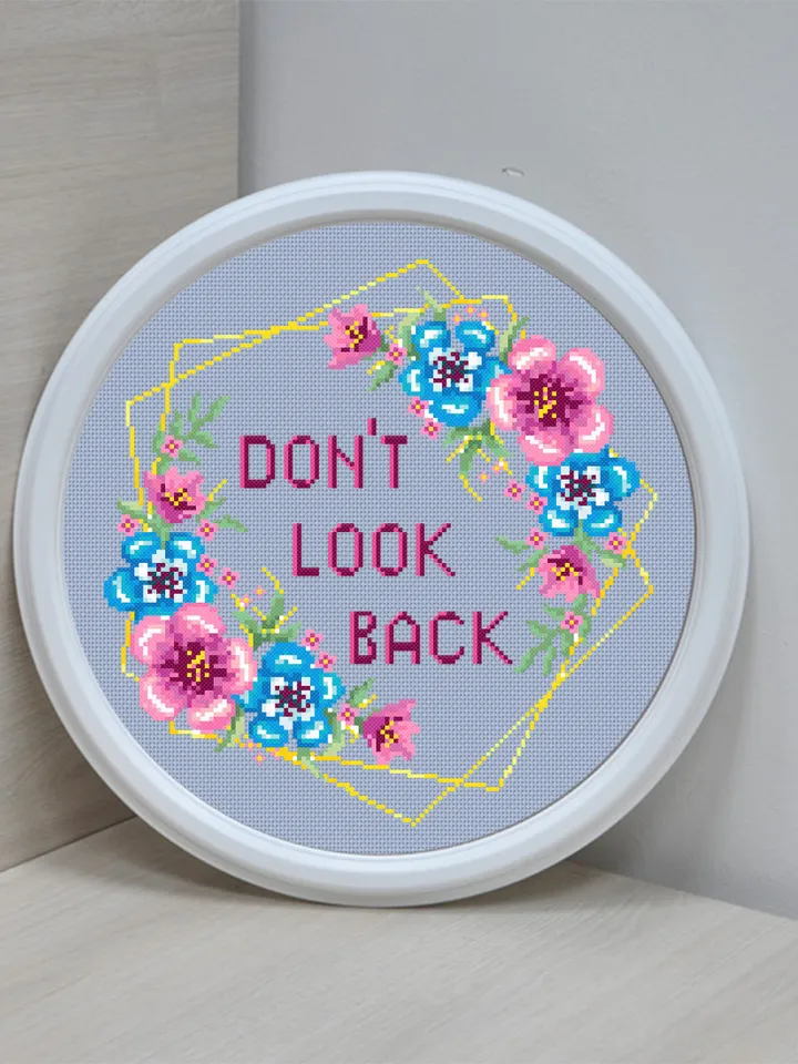 Motivational quote cross stitch pattern Dont look back Instant download PDF, Floral wreath cross stitch chart, Flower border pattern #Q16