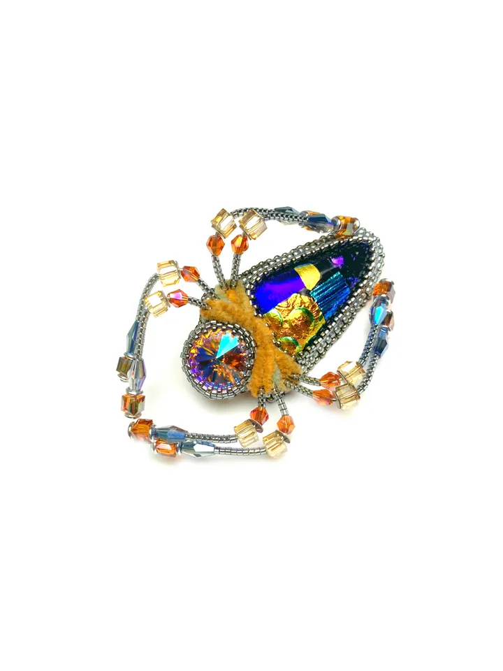 Orange spider brooch, Beaded insect brooch