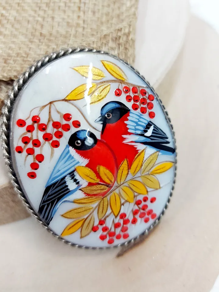 Russian jewelry brooch: Bullfinches couple. Hand painted miniature. Russian fine art style Fedoskino on abalone shell. Gift art pin for her