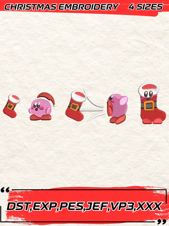 Kirby X Christmas Sock Embroidery Designs, Christmas Embroidery Designs,4 Sizes,Digital Download