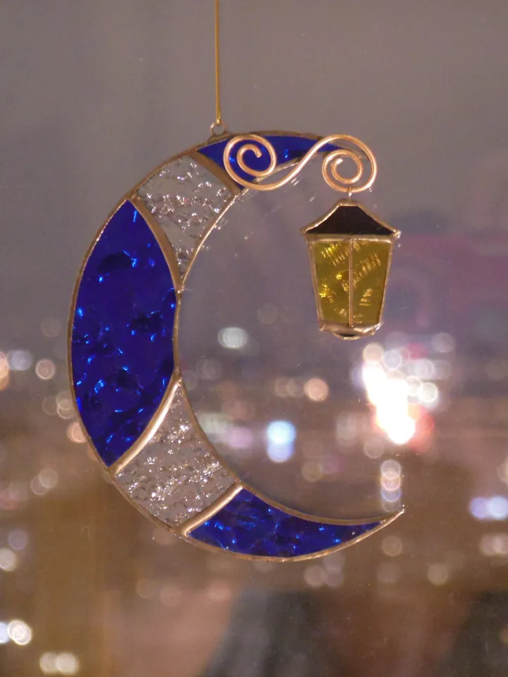 Moon with Street Light . Stained glass window hanging Suncatcher , idea for anniversary , birthday and Christmas gift