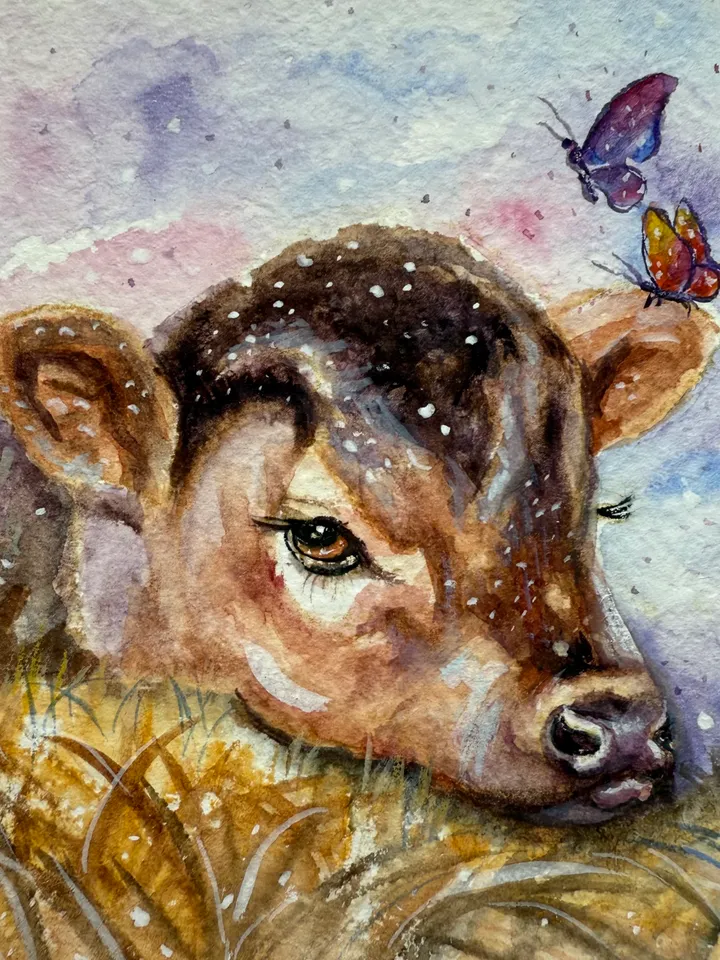 Cow Painting Original Watercolor Painting Farm Art Gift Small Animal Artwork Illustration 5 by 5