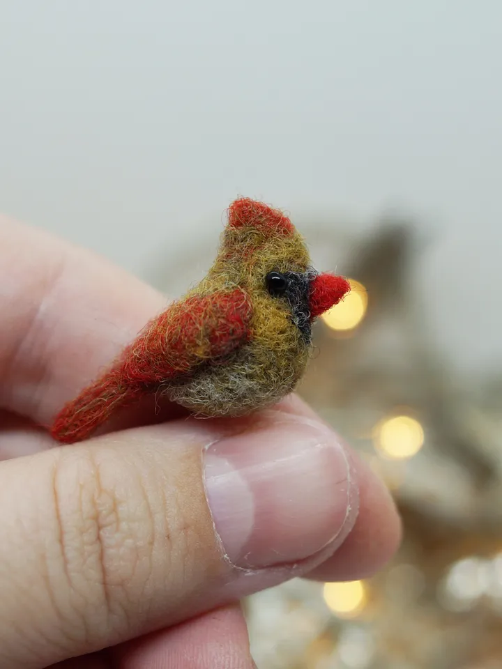 Tiny needle felted cardinal, miniature bird, female Northern cardinal, made to order