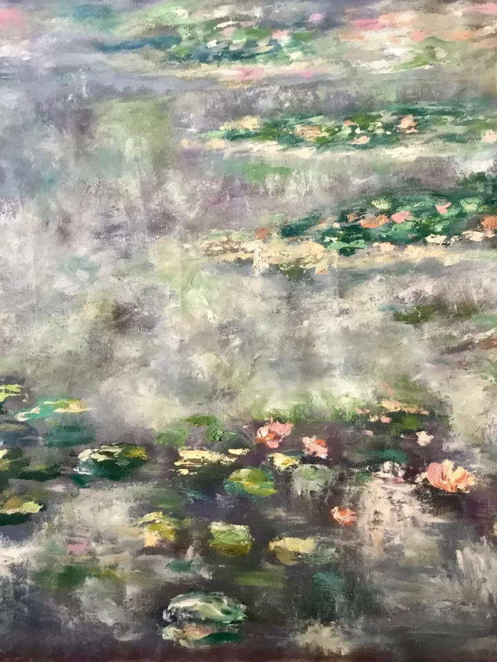 Waterlillies pond large canvas,original oil painting on unstretched canvas,Monet inspired,foggy landscape,home decoration wall hanging.